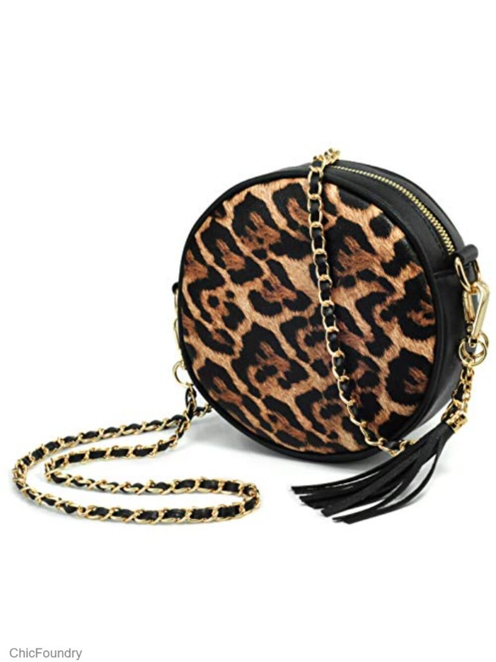 Round Crossbody Bag Vegan Leather Tassel Chain Shoulder Handbag Clutch Wristlet